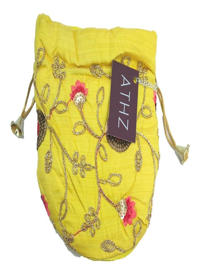 ATHZ Potli bags Yellow Damru Potli Handbags for Women Golden Sippy Work Gifting Wristlets For Wedding | Festival | Kitty For Women - Image 4